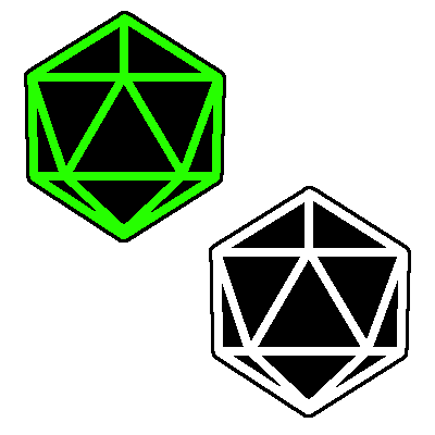 Two twenty sided die, with a higher green one, and a lower white one.